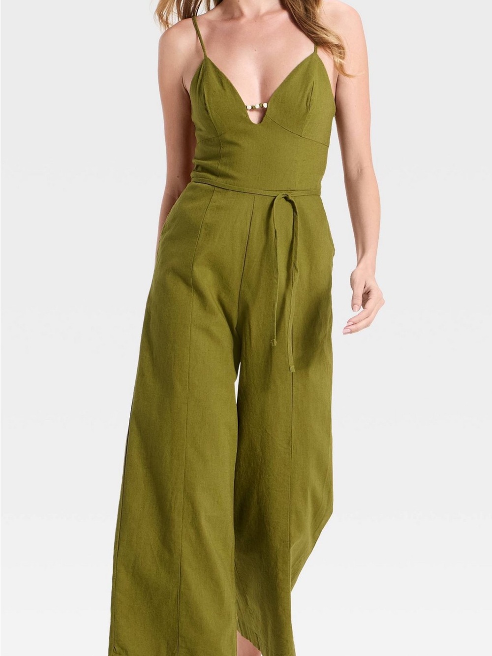 Olive Green Wide-Leg Jumpsuit with Spaghetti Straps